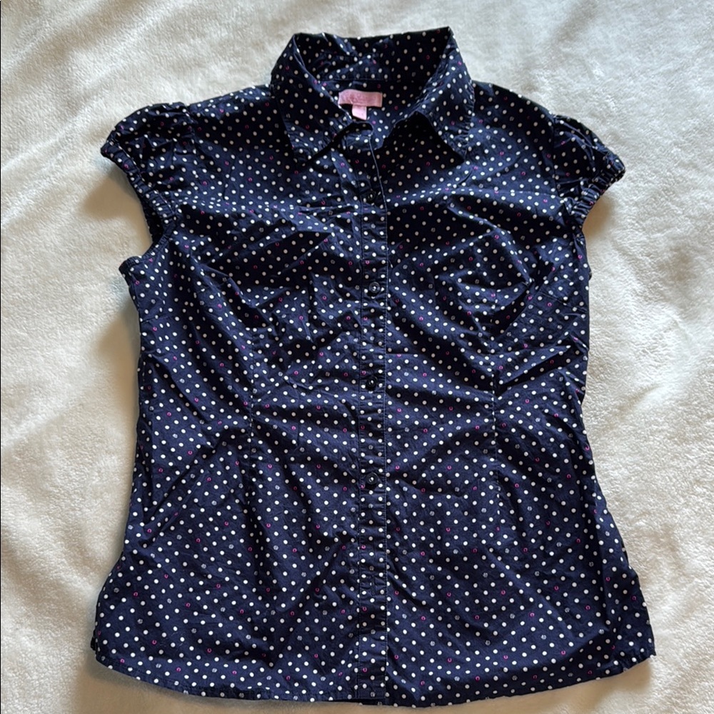 Lilly Pulitzer Blue Fitted Cap Sleeve Button Down Shirt